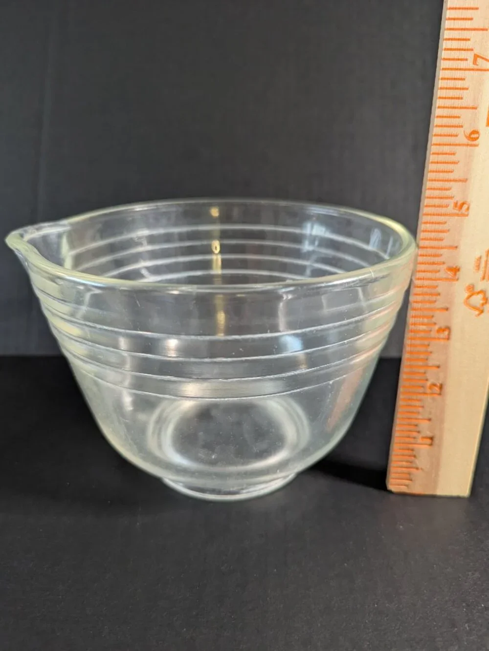 Vintage Glass Mixing Bowl with Etched Lines and Pour Spout